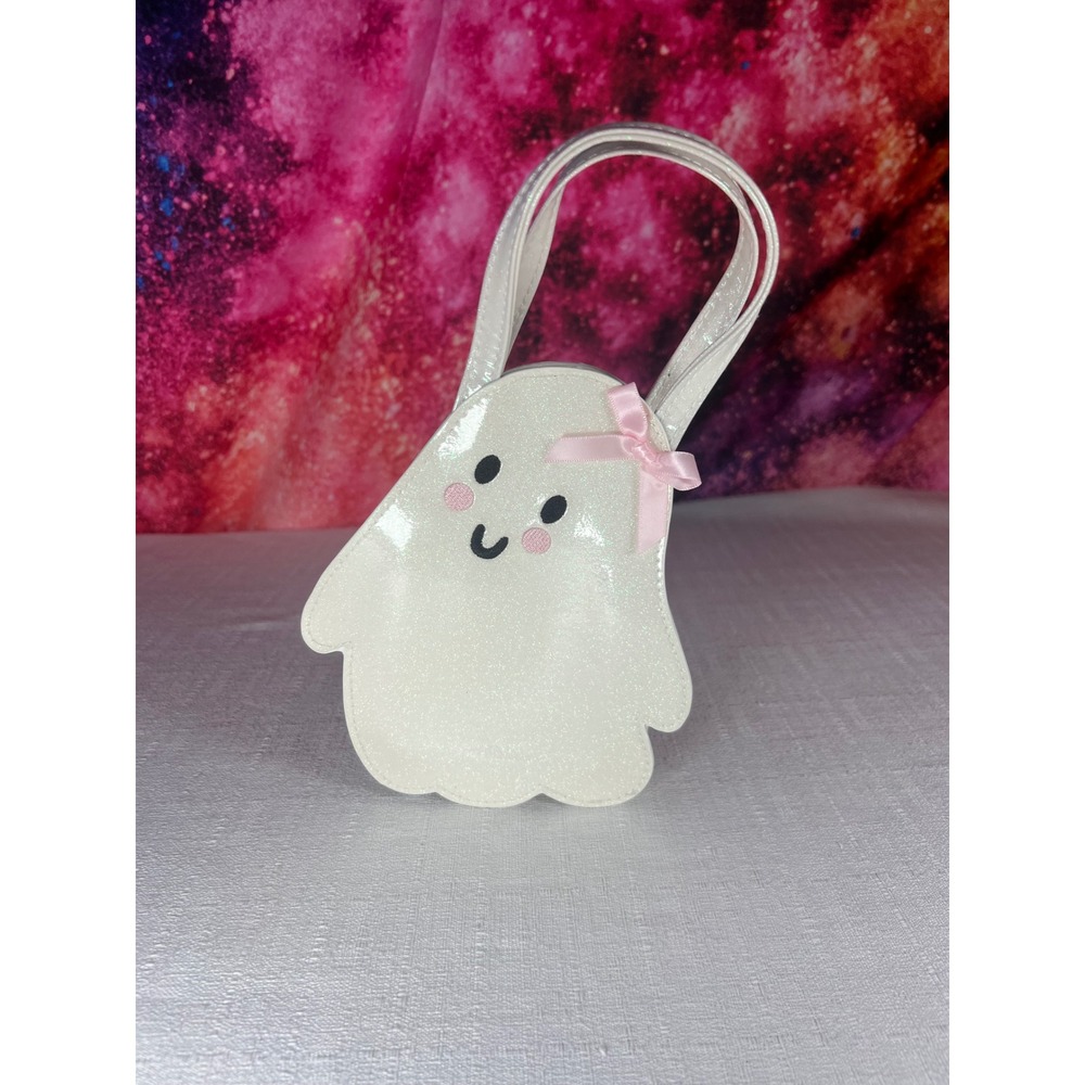 White Glitter Ghost Mini Handbag Pink Bow Halloween Novelty Coquette Purse